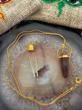 Gold-Tone Crystal Point Pendant Necklace - Clear Quartz and Brown Gemstones